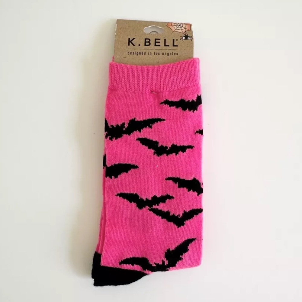 K. Bell Happy Halloween Socks New Pink Black Bats Crew Socks Womens Made in USA